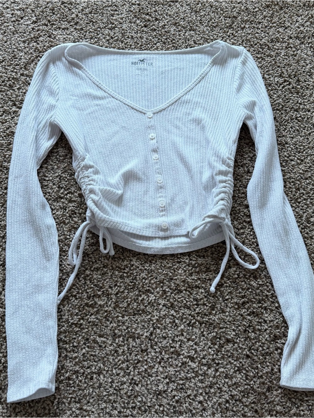 Hollister Cream Ribbed Button-Front Long Sleeve Crop with Side Ties